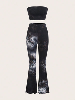 EZwear Tie Dye Crop Tube Top & Flare Leg Pants - Negative Apparel