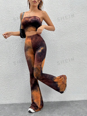 EZwear Tie Dye Crop Tube Top & Flare Leg Pants - Negative Apparel