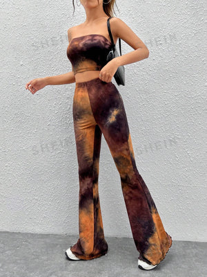 EZwear Tie Dye Crop Tube Top & Flare Leg Pants - Negative Apparel
