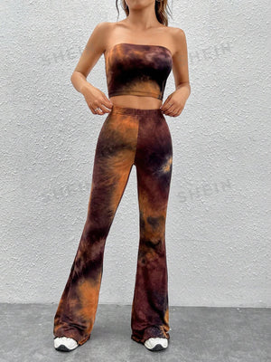 EZwear Tie Dye Crop Tube Top & Flare Leg Pants - Negative Apparel