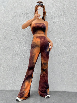 EZwear Tie Dye Crop Tube Top & Flare Leg Pants - Negative Apparel
