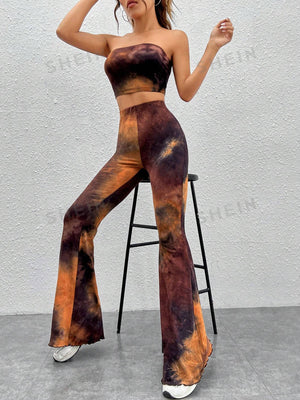 EZwear Tie Dye Crop Tube Top & Flare Leg Pants - Negative Apparel