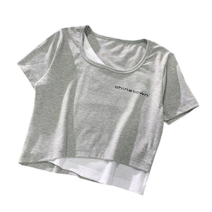 Fake two - piece t-shirt women's summer short - sleeved short open - navel tight Korean style chic design sense niche hot girl bm top - Negative Apparel