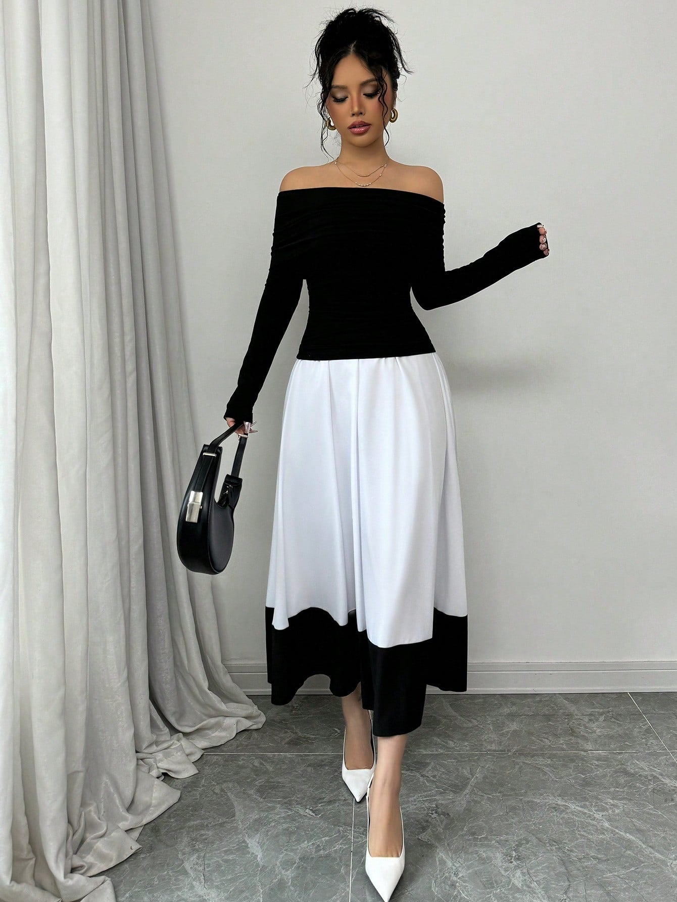 Fashion Off - Shoulder Pleated Black Top Matched With Black & White Contrast Flare A - Line Skirt, 2pcs Women's Set For Daily Wear - Negative Apparel