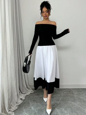 Fashion Off - Shoulder Pleated Black Top Matched With Black & White Contrast Flare A - Line Skirt, 2pcs Women's Set For Daily Wear - Negative Apparel