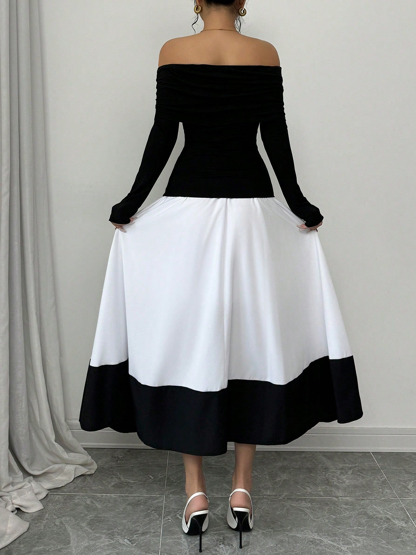 Fashion Off - Shoulder Pleated Black Top Matched With Black & White Contrast Flare A - Line Skirt, 2pcs Women's Set For Daily Wear - Negative Apparel