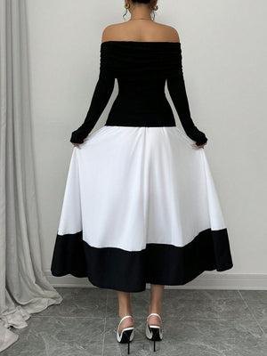 Fashion Off - Shoulder Pleated Black Top Matched With Black & White Contrast Flare A - Line Skirt, 2pcs Women's Set For Daily Wear - Negative Apparel