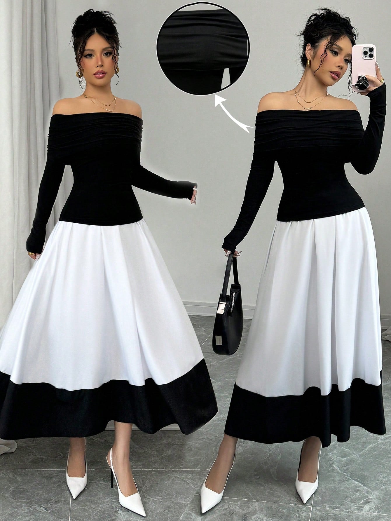 Fashion Off - Shoulder Pleated Black Top Matched With Black & White Contrast Flare A - Line Skirt, 2pcs Women's Set For Daily Wear - Negative Apparel