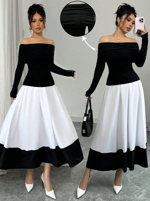 Fashion Off - Shoulder Pleated Black Top Matched With Black & White Contrast Flare A - Line Skirt, 2pcs Women's Set For Daily Wear - Negative Apparel