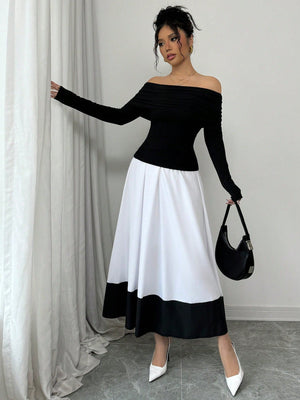 Fashion Off - Shoulder Pleated Black Top Matched With Black & White Contrast Flare A - Line Skirt, 2pcs Women's Set For Daily Wear - Negative Apparel