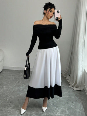 Fashion Off - Shoulder Pleated Black Top Matched With Black & White Contrast Flare A - Line Skirt, 2pcs Women's Set For Daily Wear - Negative Apparel
