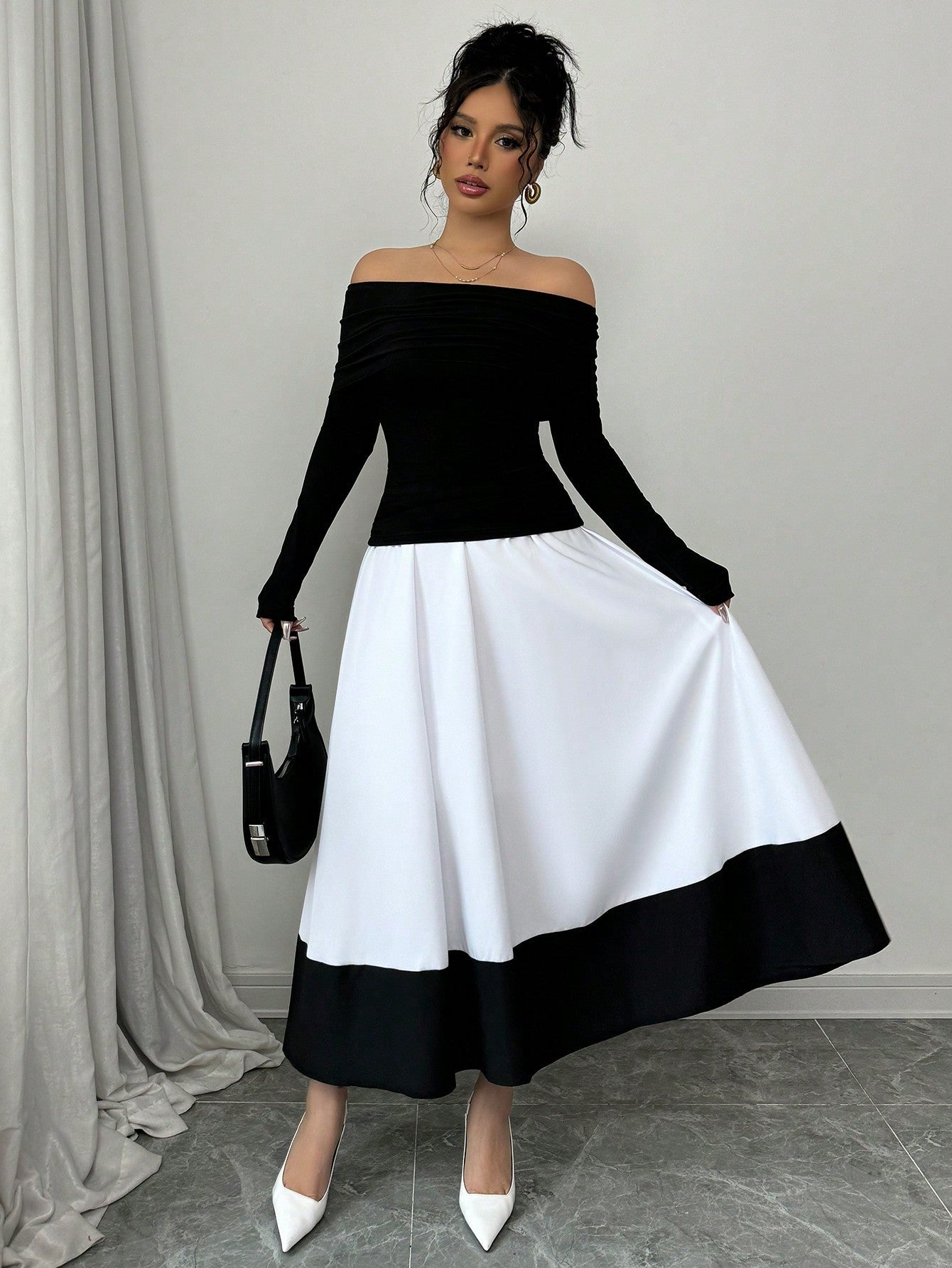 Fashion Off - Shoulder Pleated Black Top Matched With Black & White Contrast Flare A - Line Skirt, 2pcs Women's Set For Daily Wear - Negative Apparel