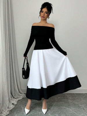 Fashion Off - Shoulder Pleated Black Top Matched With Black & White Contrast Flare A - Line Skirt, 2pcs Women's Set For Daily Wear - Negative Apparel