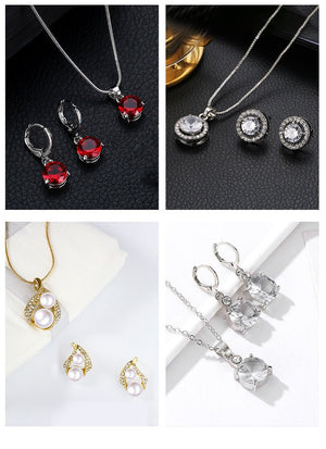 Fashionable and popular jewelry set, elegant diamond zircon necklace, earrings and ring combination set, bridal party accessories - Negative Apparel