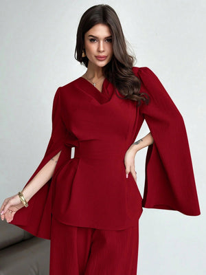 Firerie 2pcs Women Autumn/Winter Lace Up Long Sleeve Blouse Top And Mermaid Hem Skirt Set FD - Negative Apparel