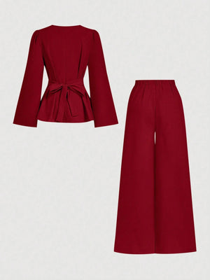 Firerie 2pcs Women Autumn/Winter Lace Up Long Sleeve Blouse Top And Mermaid Hem Skirt Set FD - Negative Apparel