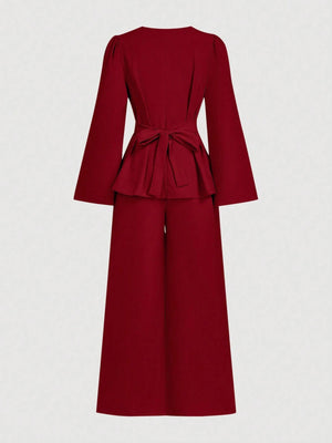 Firerie 2pcs Women Autumn/Winter Lace Up Long Sleeve Blouse Top And Mermaid Hem Skirt Set FD - Negative Apparel