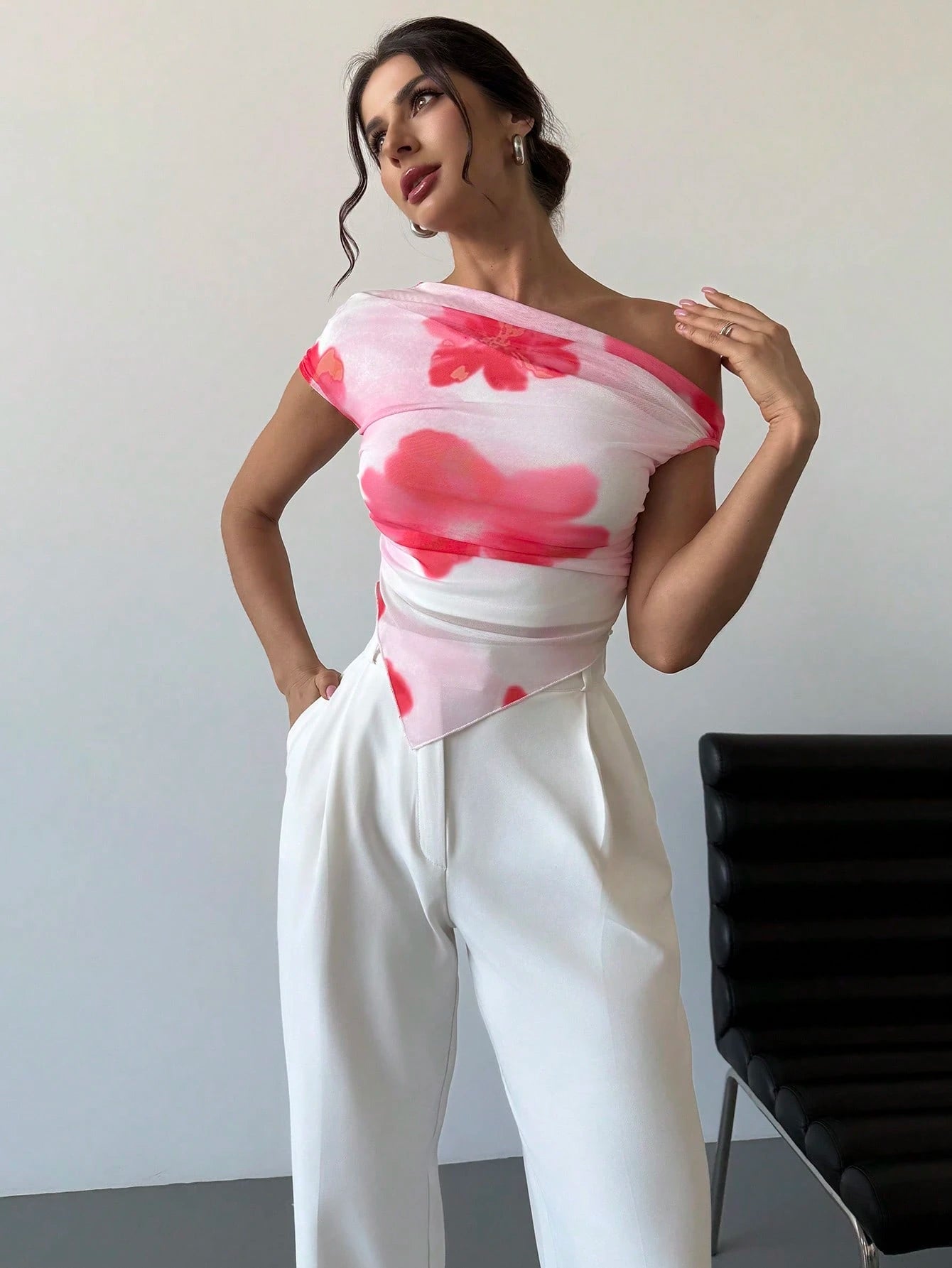 Firerie Elegant Tie Dye Asymmetrical Hem Open Shoulder Asymmetrical Short Sleeve Cropped T-Shirt, Valentine's Day New Design, Spring/Summer Concert Rave Women Top FD - Negative Apparel