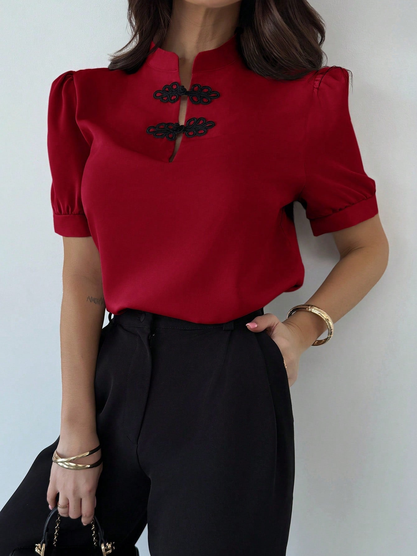 Firerie New Elegant Romantic Date Puff Sleeve Contrast Color Button Up Shirt For Women, Spring/Summer FD - Negative Apparel