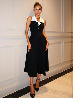 Firerie Women's Black & White Color Block Collared Raised Floral Sleeveless Fitted Dress FD - Negative Apparel