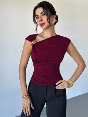 Firerie Women's Casual Elegant Metal Decoration Asymmetrical Shoulder T-Shirt, Suitable For Going Out, Party And Other Occasions, Fall For Women, Halloween Costume Women Christmas T-Shirt New Year Party Top Elegant Women's Burgundy Top FD - Negative Apparel
