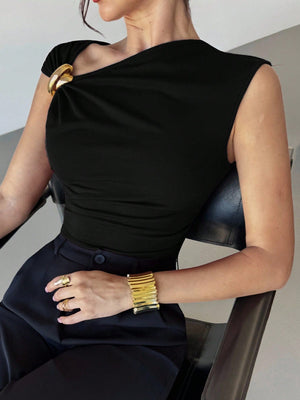 Firerie Women's Casual Elegant Metal Decoration Asymmetrical Shoulder T-Shirt, Suitable For Going Out, Party And Other Occasions, Fall For Women, Halloween Costume Women Christmas T-Shirt New Year Party Top Elegant Women's Burgundy Top FD - Negative Apparel