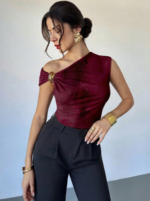 Firerie Women's Casual Elegant Metal Decoration Asymmetrical Shoulder T-Shirt, Suitable For Going Out, Party And Other Occasions, Fall For Women, Halloween Costume Women Christmas T-Shirt New Year Party Top Elegant Women's Burgundy Top FD - Negative Apparel