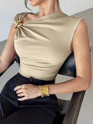 Firerie Women's Casual Elegant Metal Decoration Asymmetrical Shoulder T-Shirt, Suitable For Going Out, Party And Other Occasions, Fall For Women, Halloween Costume Women Christmas T-Shirt New Year Party Top Elegant Women's Burgundy Top FD - Negative Apparel