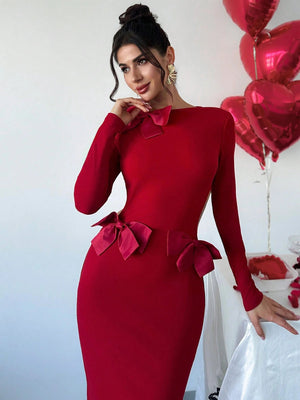 Firerie Women's Elegant Bowknot Long Sexy Dress For Valentine's Day ,Bodycon Burgundy Dress ,Women's Valentine's Day Dating Dress ,Vacation Outfits ,Woman Valentine's Day Dress,Red Dress FD - Negative Apparel