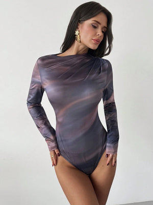 Firerie Women's Elegant Casual Commute Urban Chic New Arrival Tie - Dye Print Ruched Asymmetric Shoulder Long Sleeve Bodysuit FD - Negative Apparel