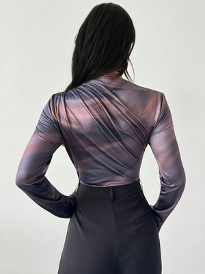 Firerie Women's Elegant Casual Commute Urban Chic New Arrival Tie - Dye Print Ruched Asymmetric Shoulder Long Sleeve Bodysuit FD - Negative Apparel