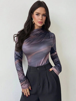 Firerie Women's Elegant Casual Commute Urban Chic New Arrival Tie - Dye Print Ruched Asymmetric Shoulder Long Sleeve Bodysuit FD - Negative Apparel