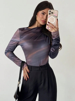 Firerie Women's Elegant Casual Commute Urban Chic New Arrival Tie - Dye Print Ruched Asymmetric Shoulder Long Sleeve Bodysuit FD - Negative Apparel