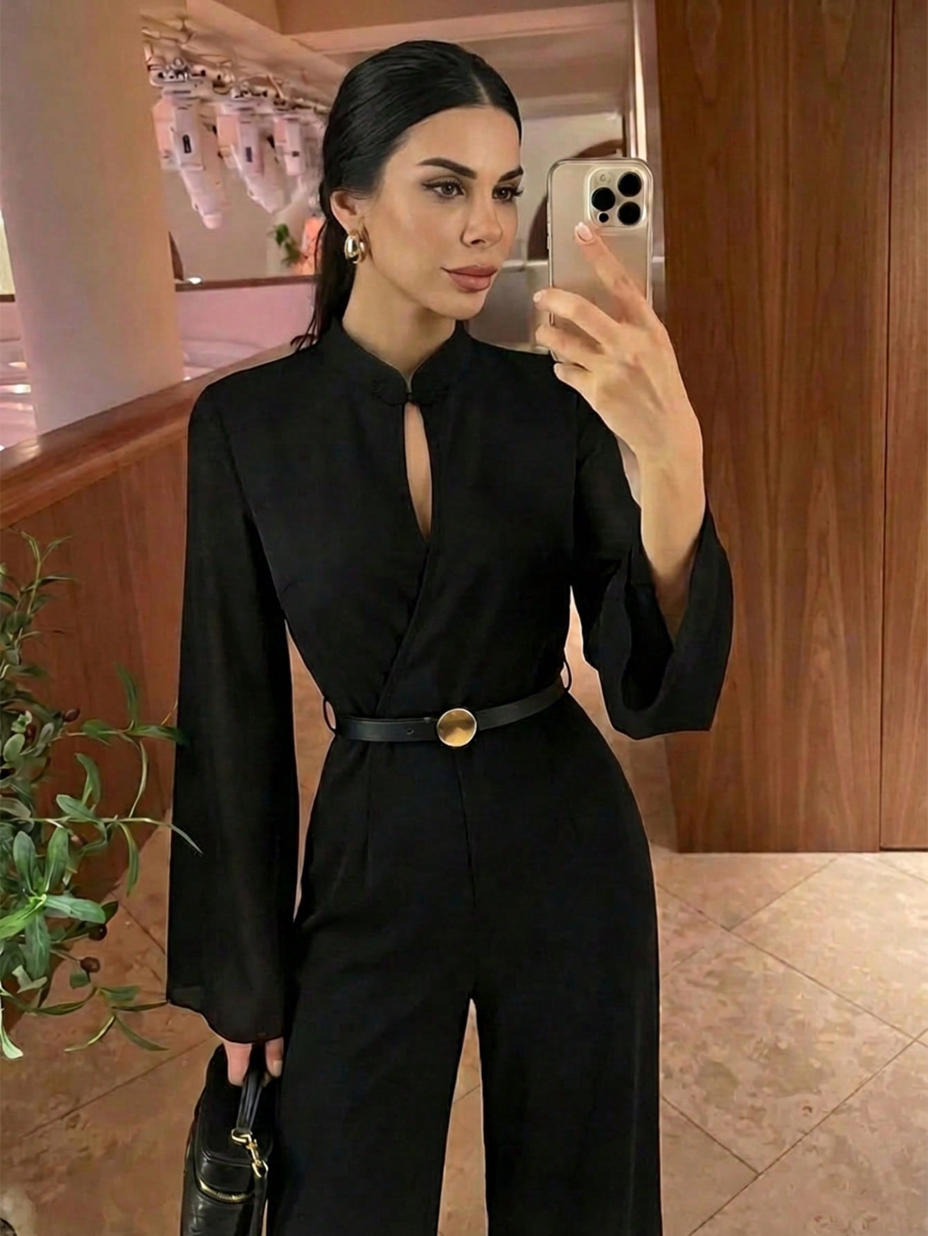 Firerie Women's Elegant Minimalist Commute Office Urban Chic Casual Daily Waist Solid Color With Belt Neck Flare Sleeve Jumpsuit FD - Negative Apparel