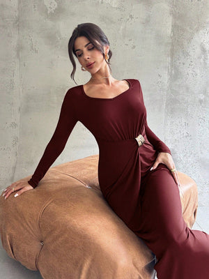 Firerie Women's Elegant Refined Daily New Commuting Minimalist Fashion Ruched High Waist Metal Decor Bodycon Long Sleeve Dark Brown Long Dress - Negative Apparel