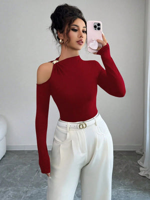 Fitted Sexy Metal Decor Hollow Out Off Shoulder Long Sleeve T-Shirt FD - Negative Apparel