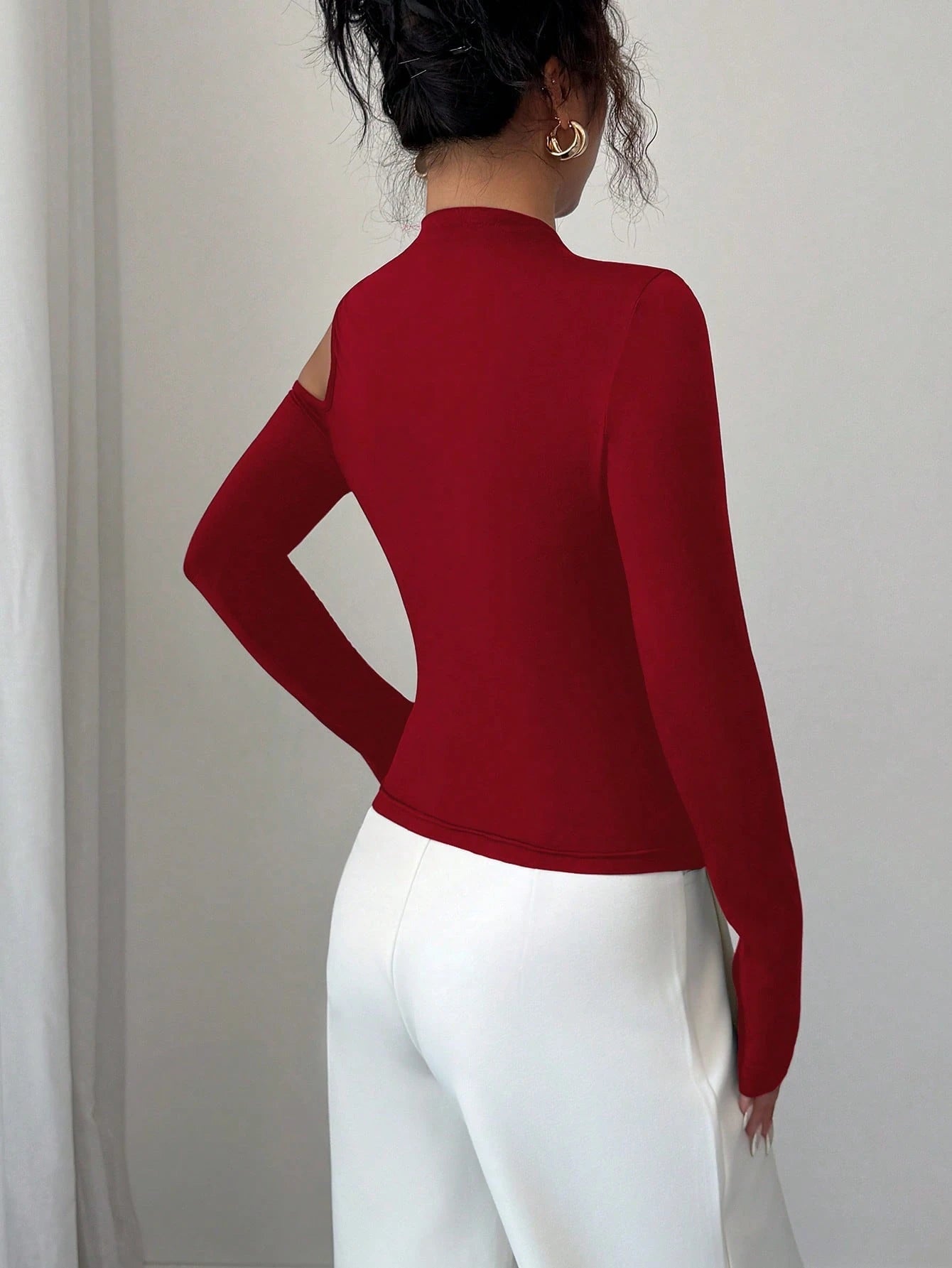 Fitted Sexy Metal Decor Hollow Out Off Shoulder Long Sleeve T-Shirt FD - Negative Apparel