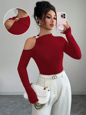 Fitted Sexy Metal Decor Hollow Out Off Shoulder Long Sleeve T-Shirt FD - Negative Apparel