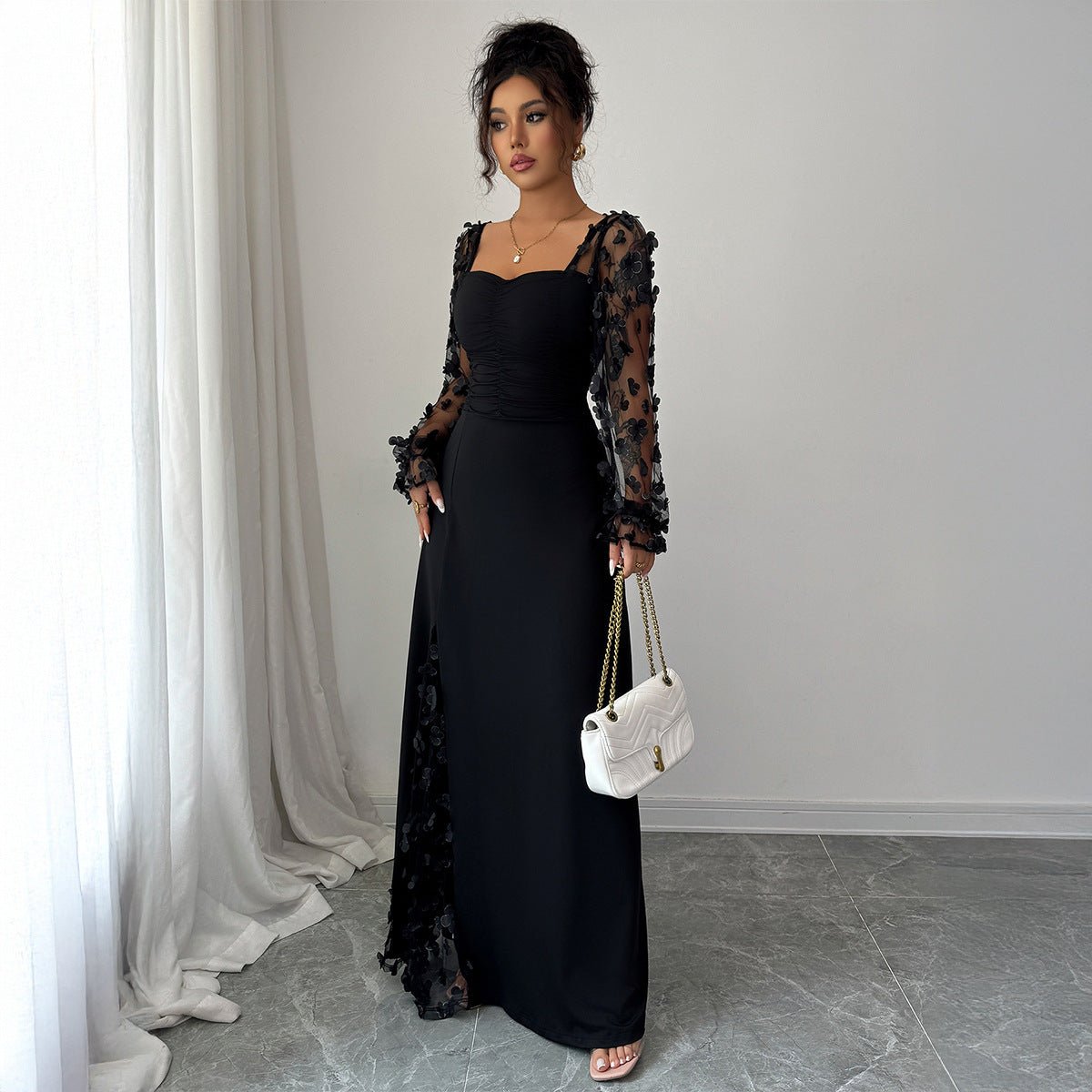 Flora Royale | Square - Neck Puff Sleeve Maxi Dress - Negative Apparel