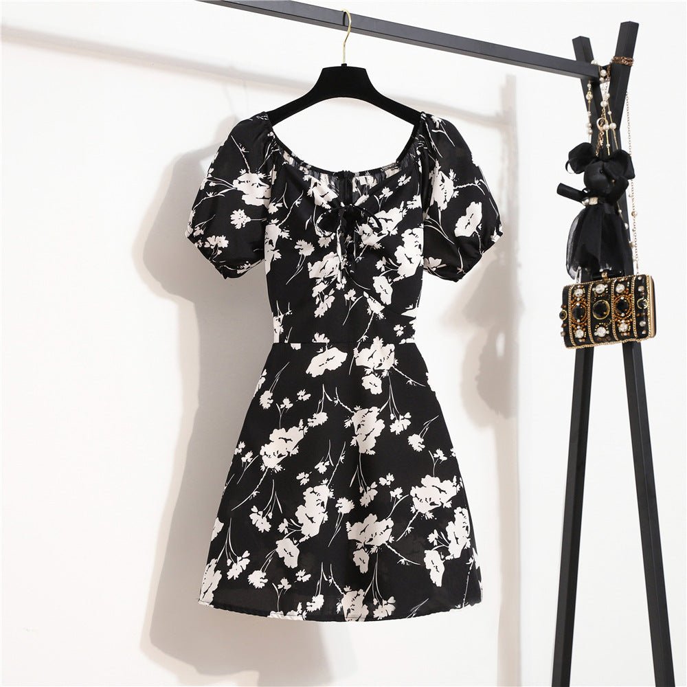 Floral chiffon dress women's summer new niche versatile lace - up primer short skirt short sleeve - Negative Apparel