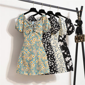Floral chiffon dress women's summer new niche versatile lace - up primer short skirt short sleeve - Negative Apparel