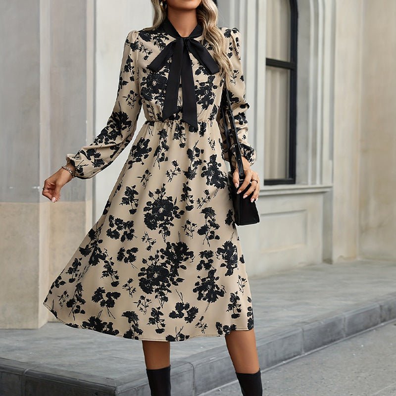 Floral dress long sleeve neckline lace medium and long A - shaped dress women - Negative Apparel