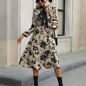 Floral dress long sleeve neckline lace medium and long A - shaped dress women - Negative Apparel