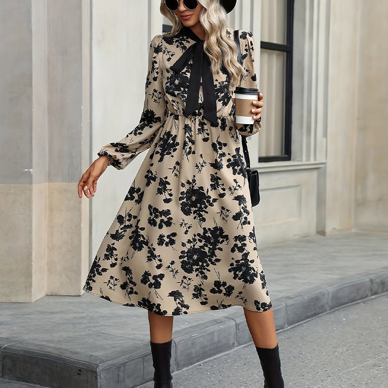 Floral dress long sleeve neckline lace medium and long A - shaped dress women - Negative Apparel