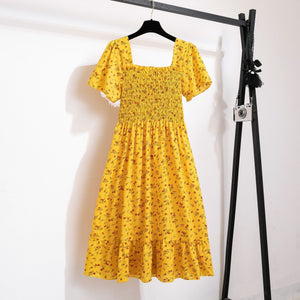 Floral dress women's summer new French casual slim waist chiffon medium and long knee skirt - Negative Apparel