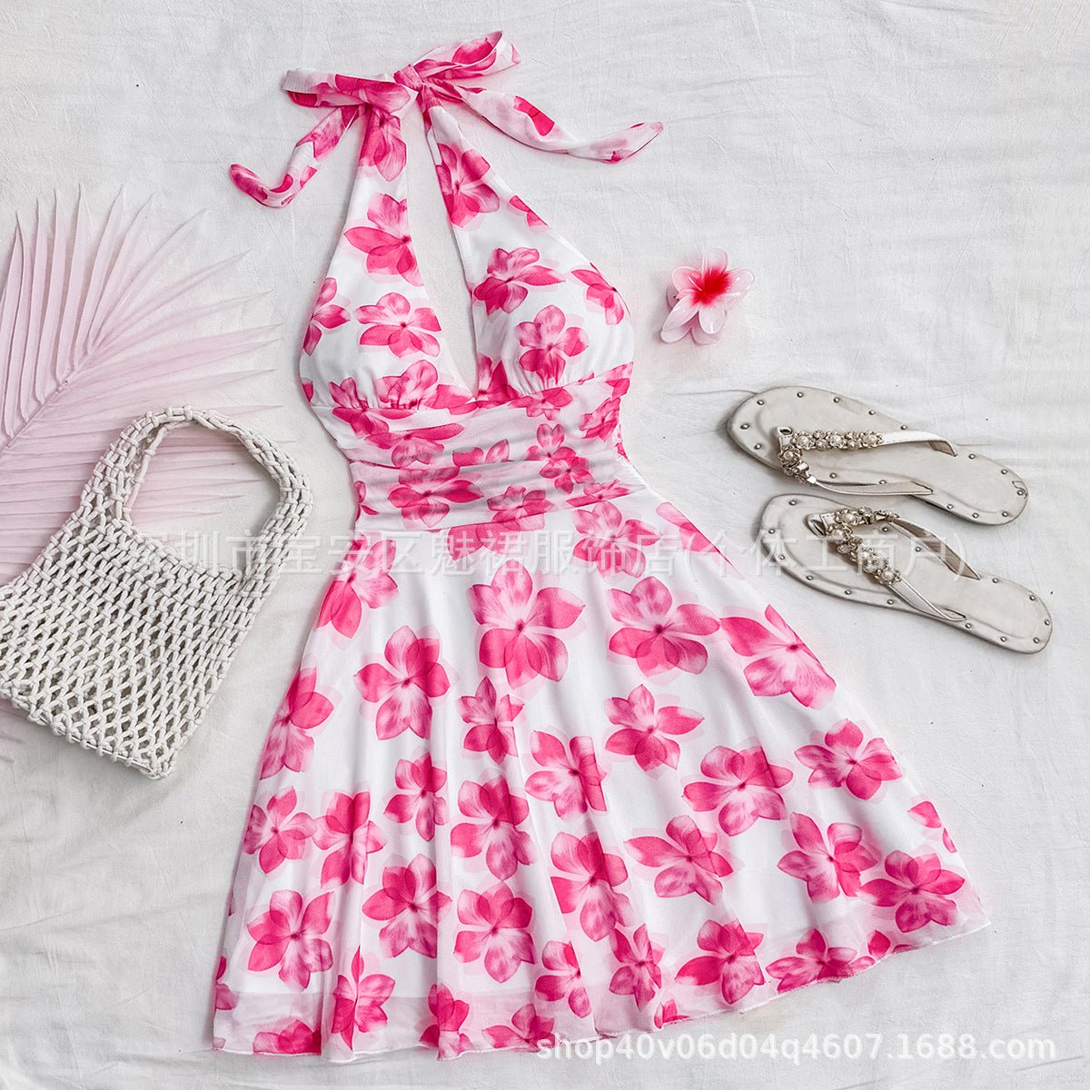 Ladies Holiday Festive Pink Floral Print V-Neck Halter Waist Ruffle A-Word Mini  Dress - Negative Apparel
