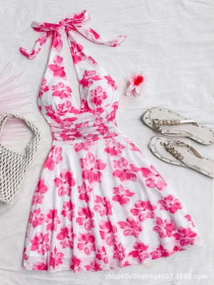 Floral Mesh Halter Dress with Tie Waist & V - Neck — Spring 2025 Elegant Mini - Negative Apparel