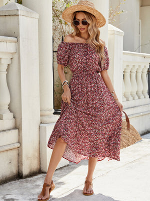 Floral one - shoulder short - sleeved retro style holiday versatile dress - Negative Apparel