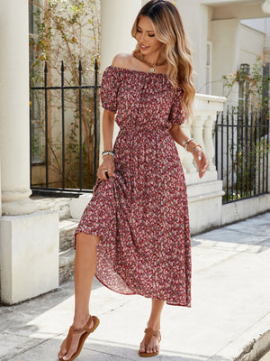 Floral one - shoulder short - sleeved retro style holiday versatile dress - Negative Apparel