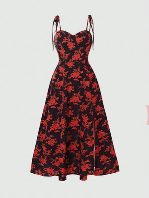 Floral Print Vacation Leisure Maxi Slip Dress With Split Hem - Negative Apparel